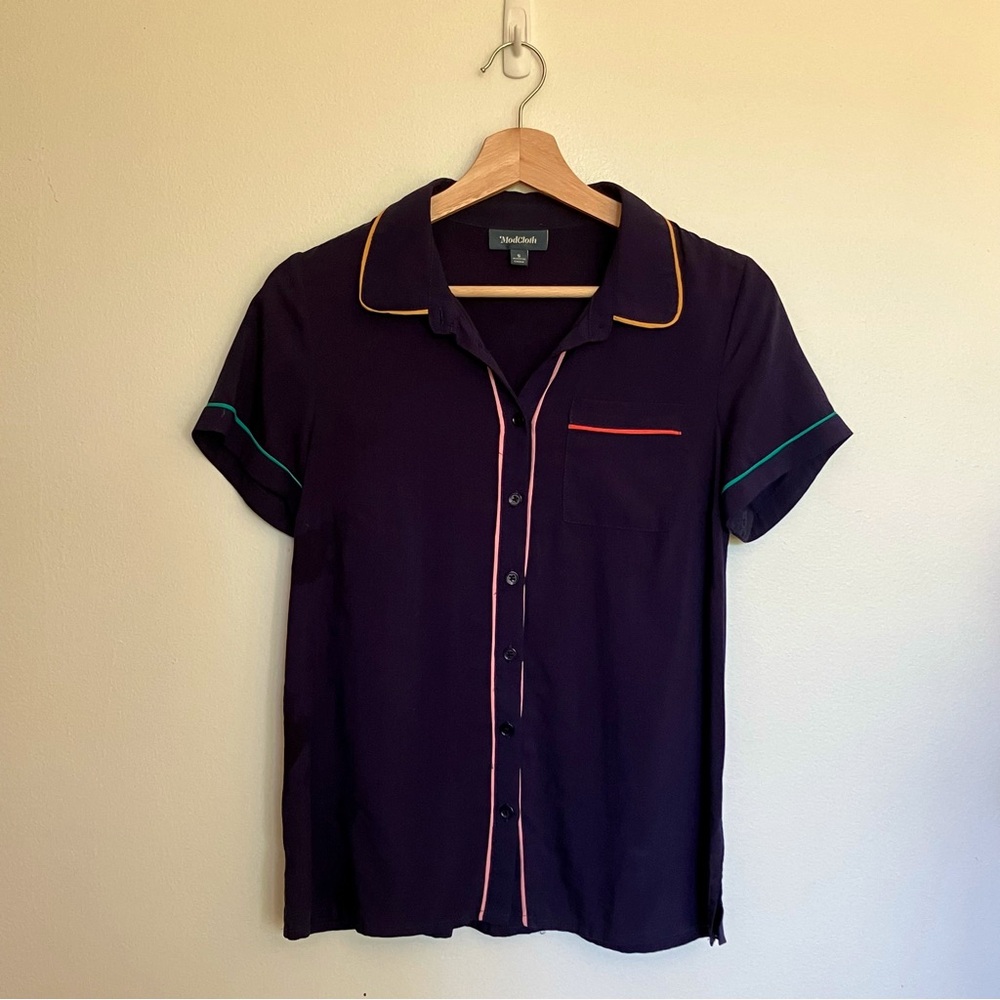 Modcloth Navy Shirt with Multicolor Trim